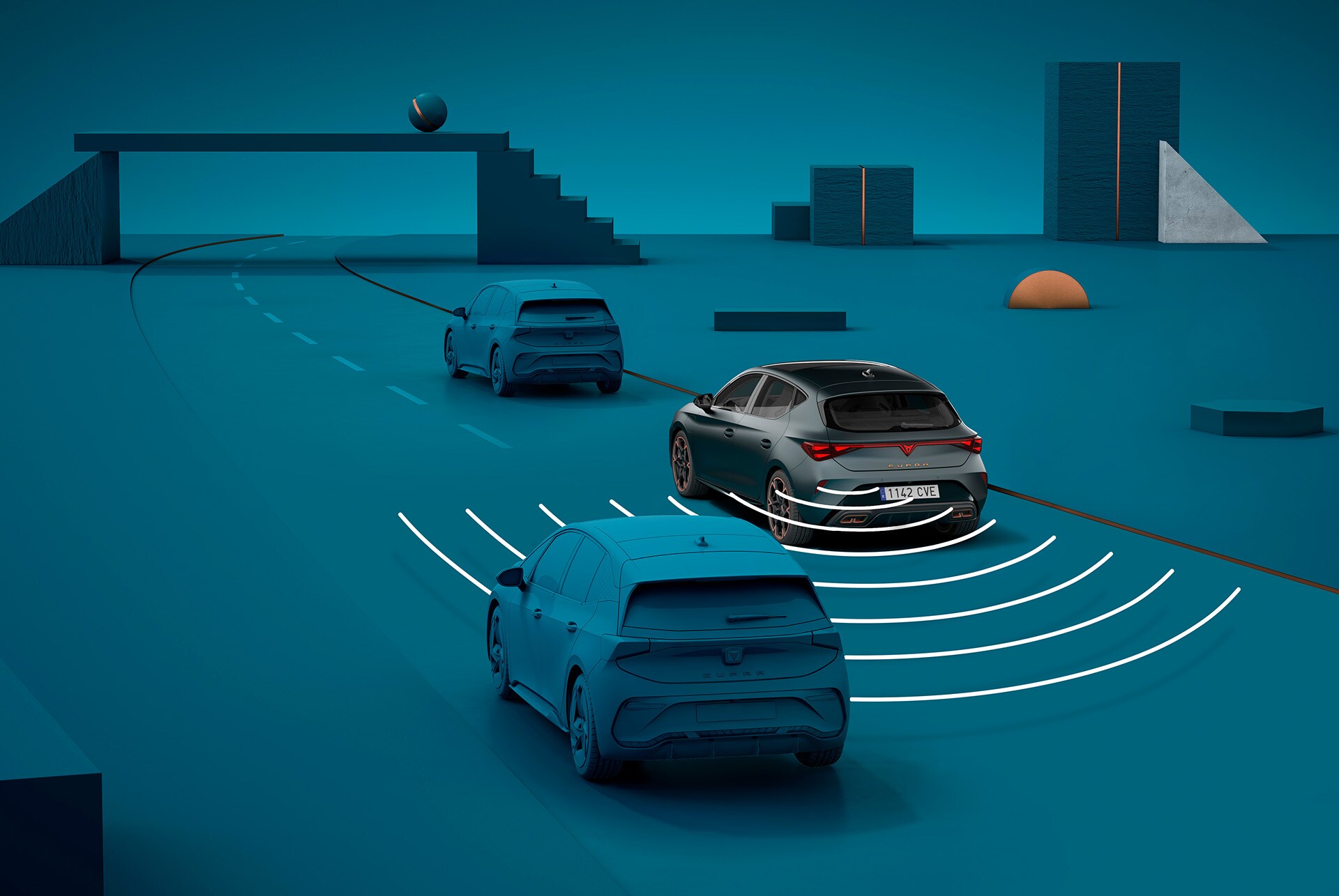 how to use cupra leon sportstourer exit warning system, visual demo with shapes and blue background