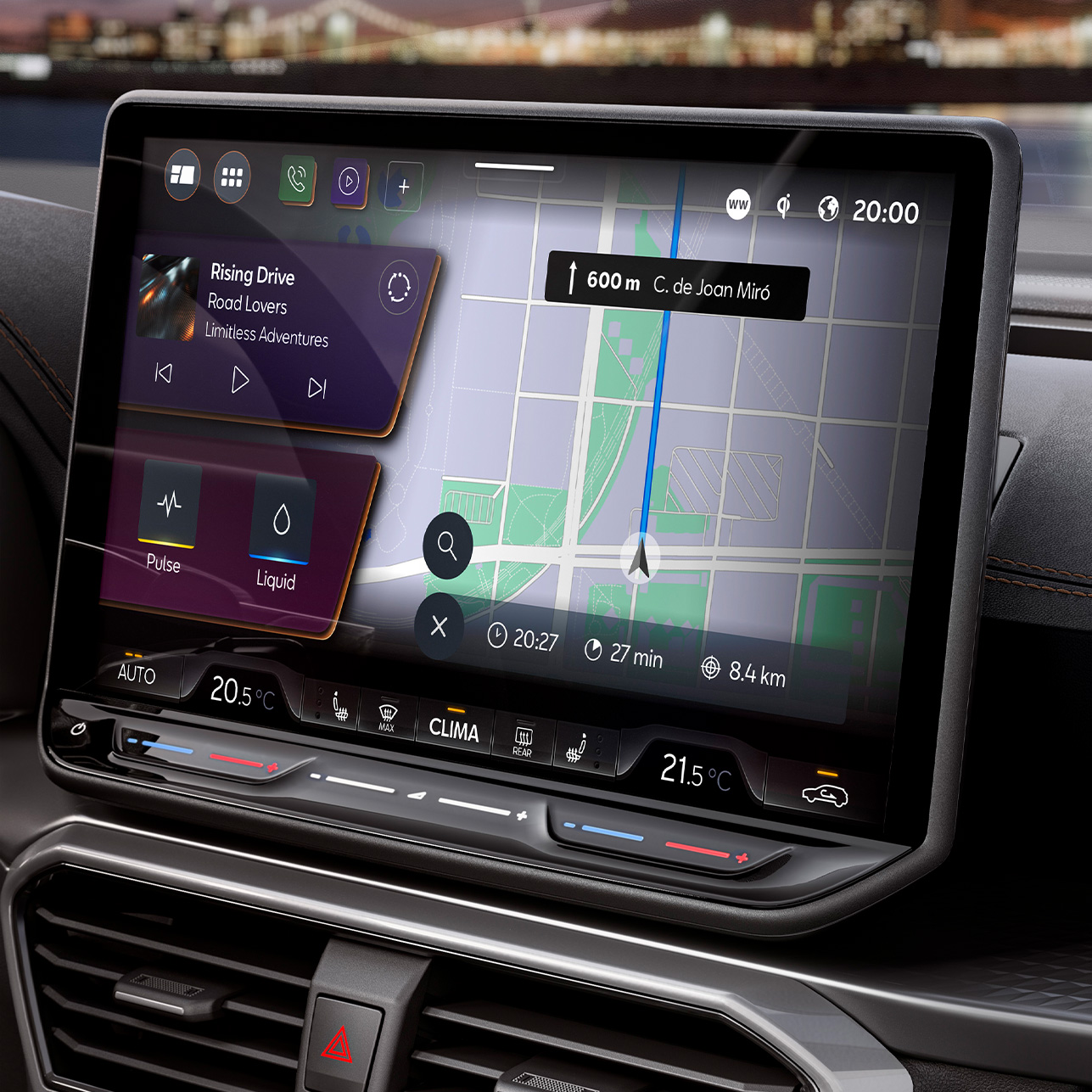 CUPRA Leon Estate dashboard view, infotainment system screen with cupra connect plus, for finding PHEV charging stations, live traffic alerts, charging stations and finding car parks.