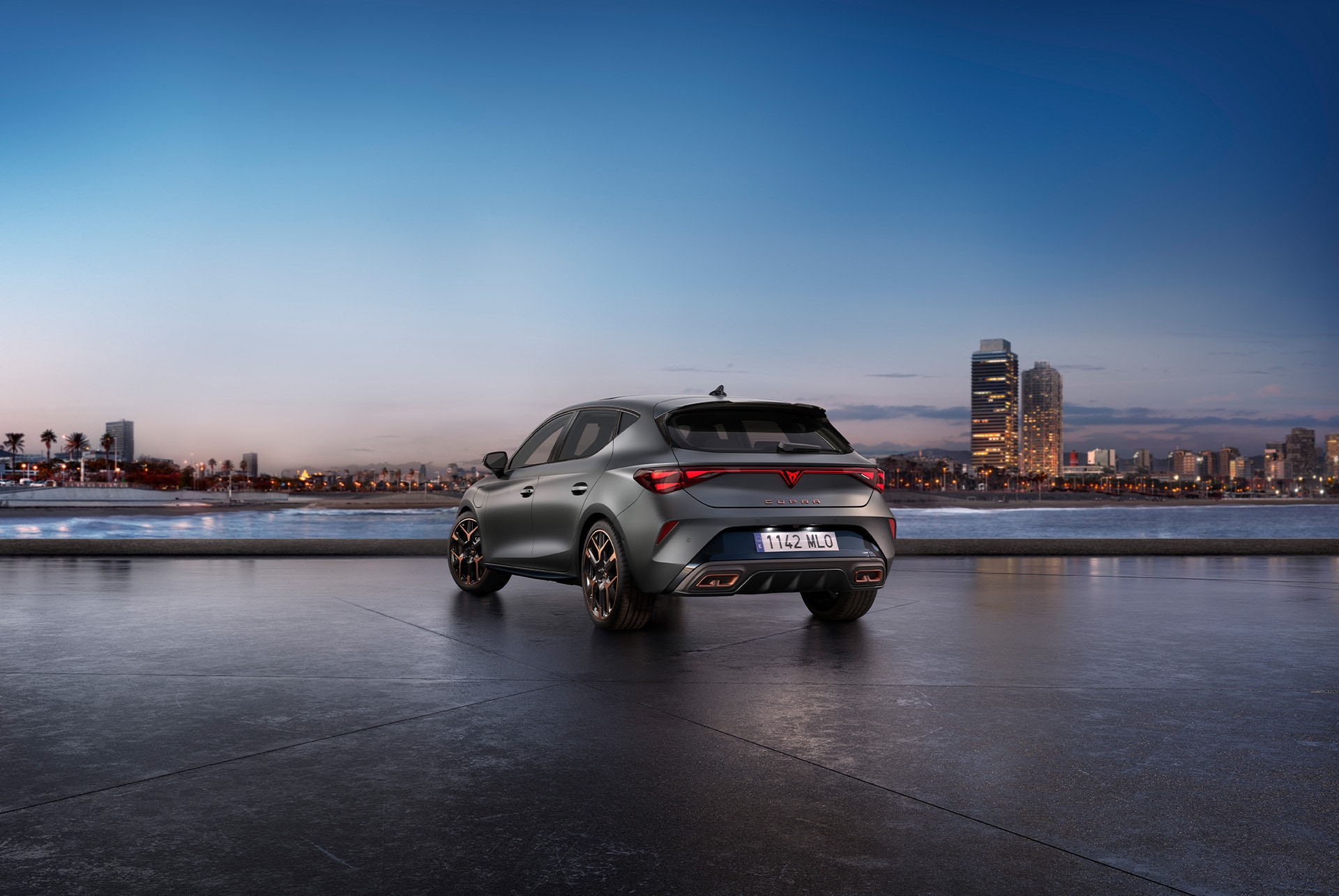 CUPRA Leon VZ, blue sky, sunset, rear lighting, matt grey body, car model.