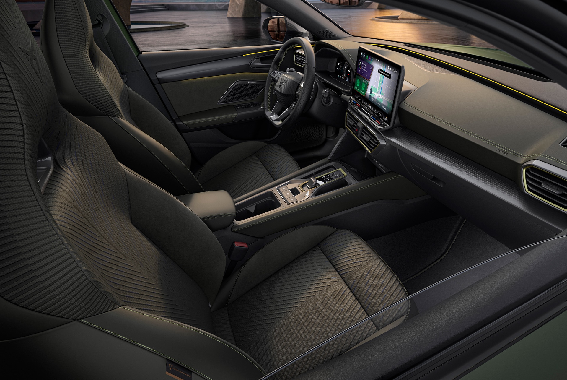 CUPRA Leon extreme hybrid car interior design, sporty cup bucket seats with heating and electric, with memory settings for both driver and front seat passenger.