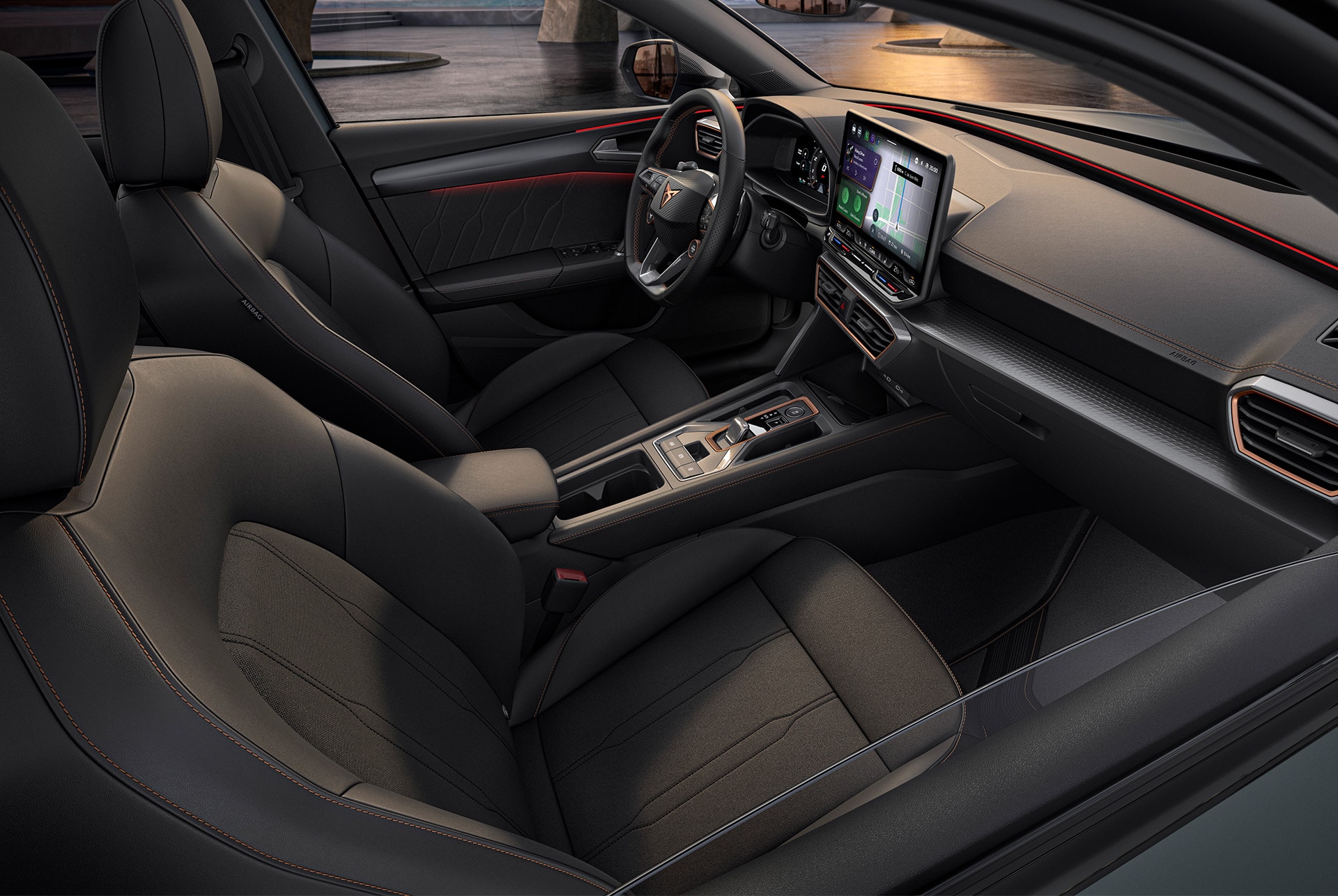 CUPRA Leon dynamic interior design, sporty bucket seats, ambient lighting, infotainment