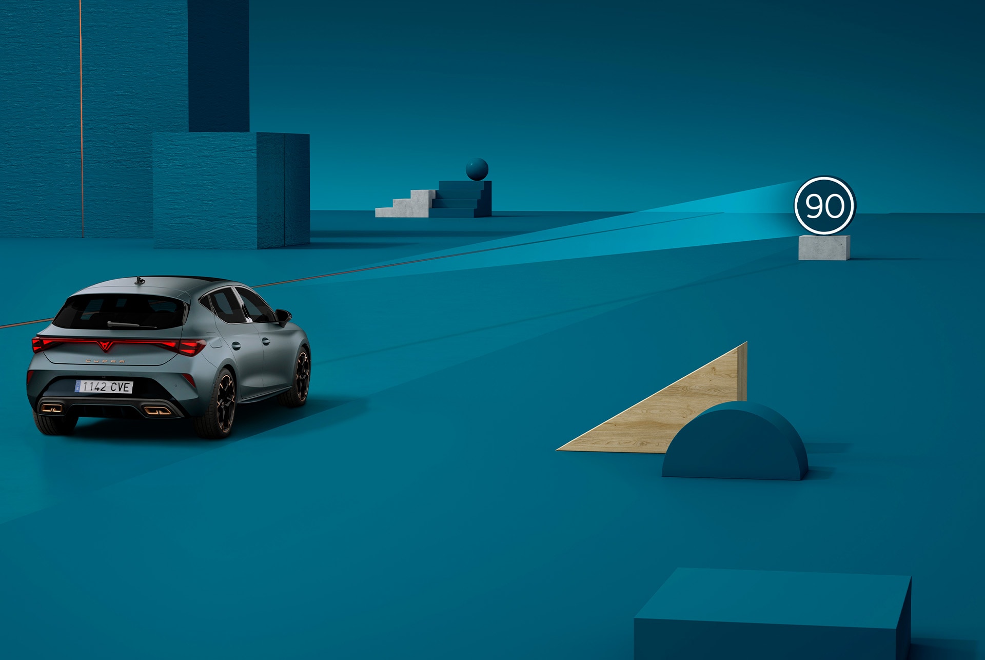 How to use CUPRA Leon traffic sign recongnition technology, demo, blue background.