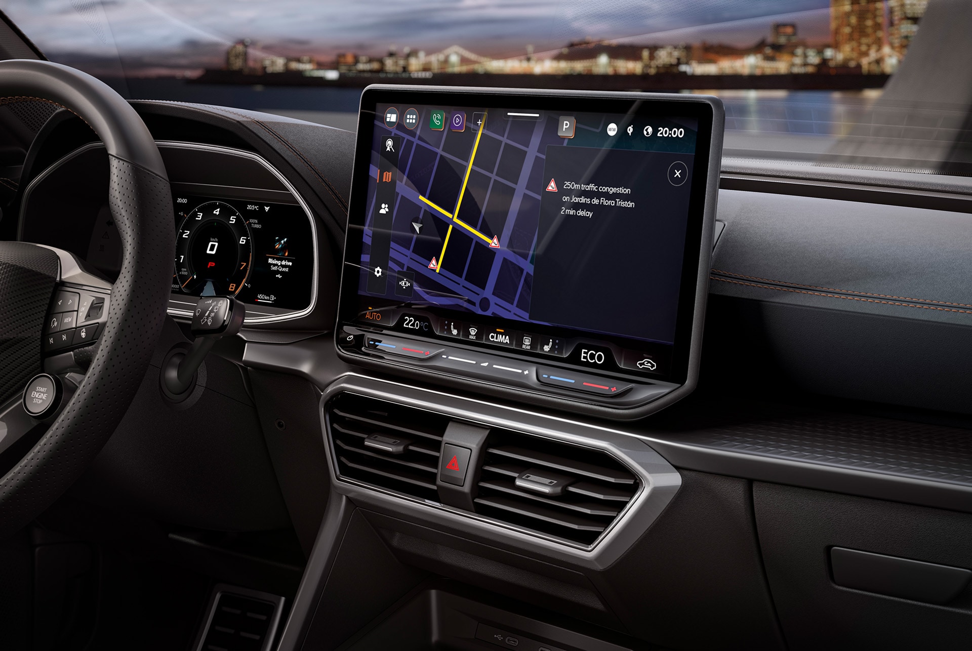 Infotainment screen, wheel, dashboard and air vents of CUPRA Leon hybrid vehicle.