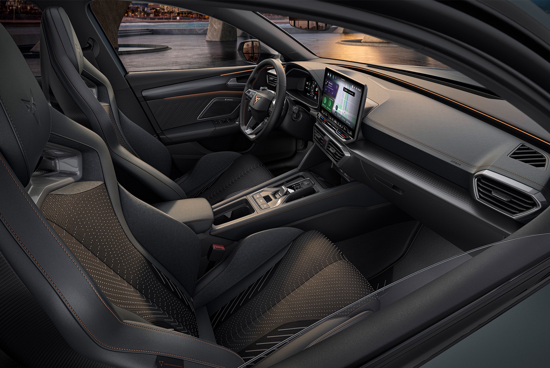 close up of CUPRA Leon Estate interior design, steering wheel, door panel, ambient lighting, cupra logo and window