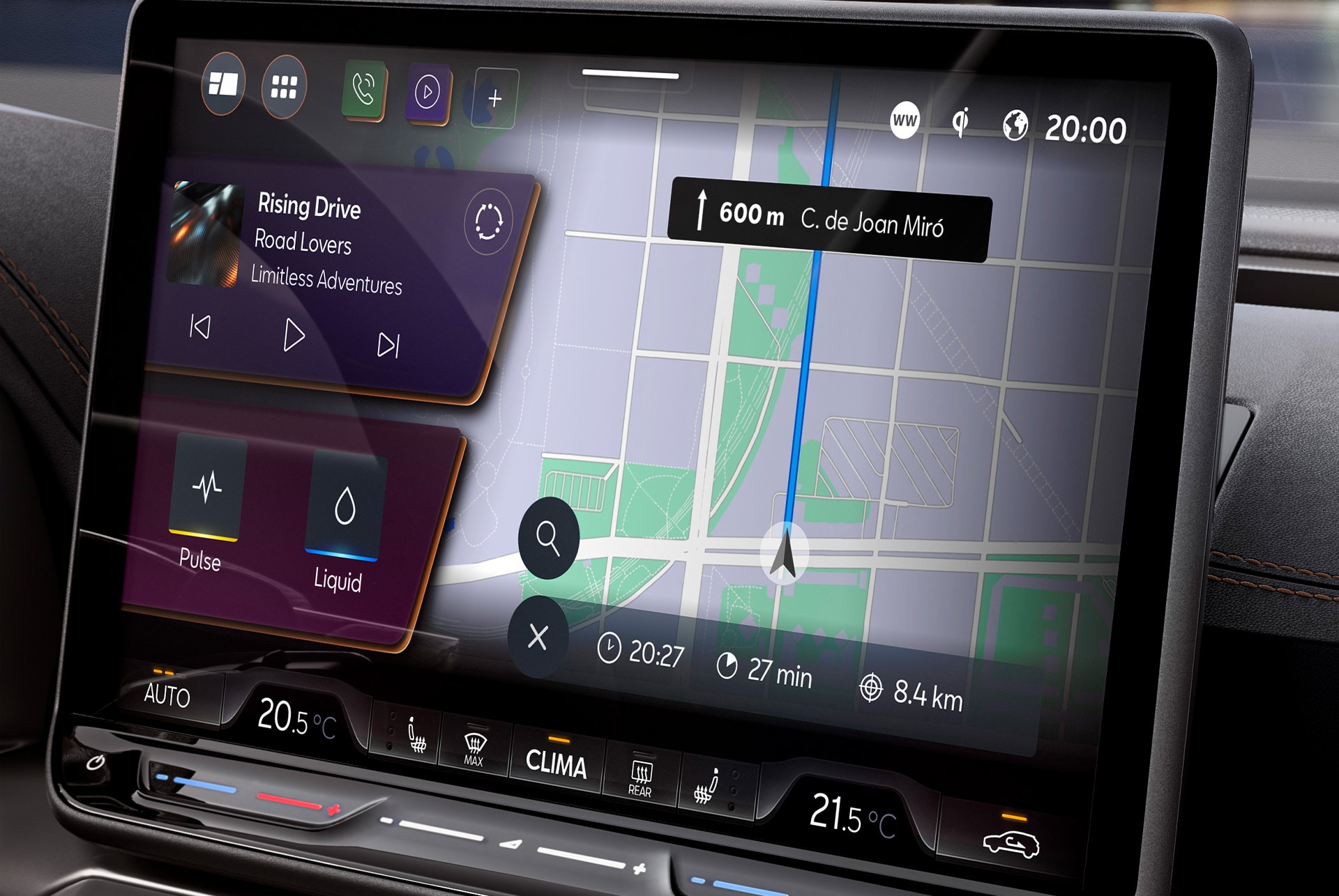 CUPRA Leon dashboard view, infotainment system screen with CUPRA CONNECT plus, for finding PHEV charging stations, live traffic alerts, charging stations and finding car parks.