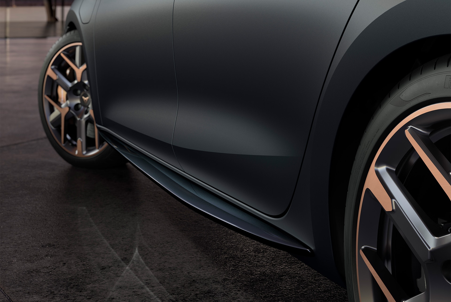 Close up of door panel design for CUPRA Leon grey matt body door panels and hailstorm copper accent wheels and side skirt.