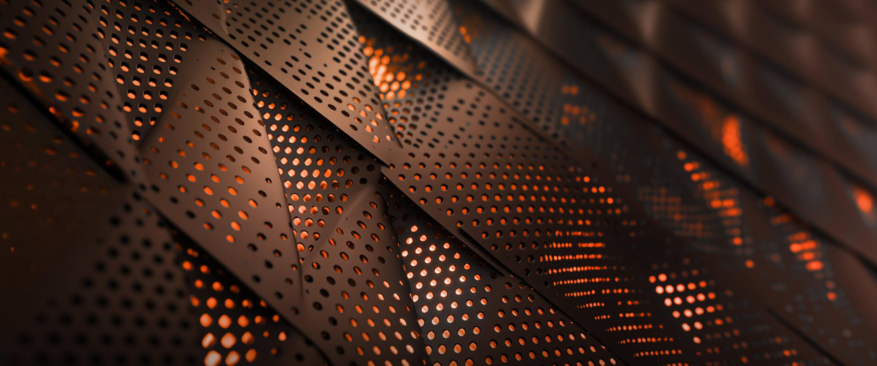 A close-up photo of perforated metal panels with orange light glowing through the holes. The text "THE RED THREAD OF DESIGN" is overlaid in white.