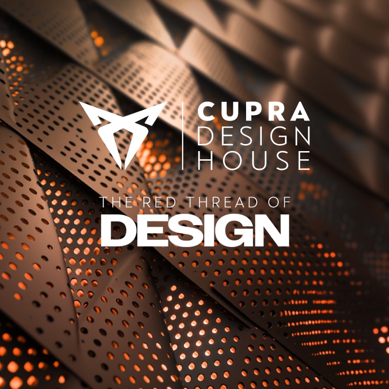 A close-up photo of perforated metal panels with orange light glowing through the holes. The text "THE RED THREAD OF DESIGN" is overlaid in white.