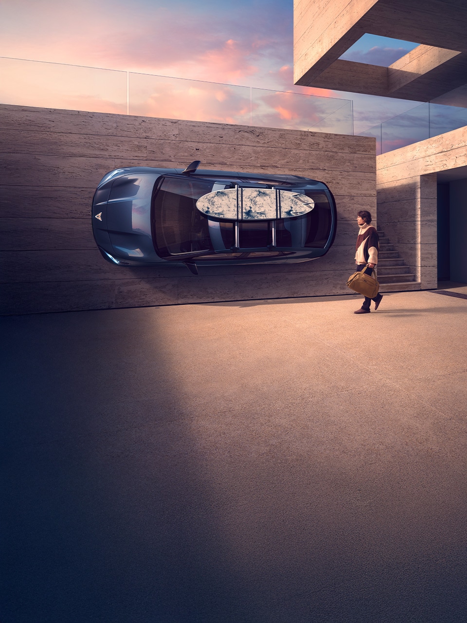 a man walking by a CUPRA Tavascan with a surfboard affixed to the roof