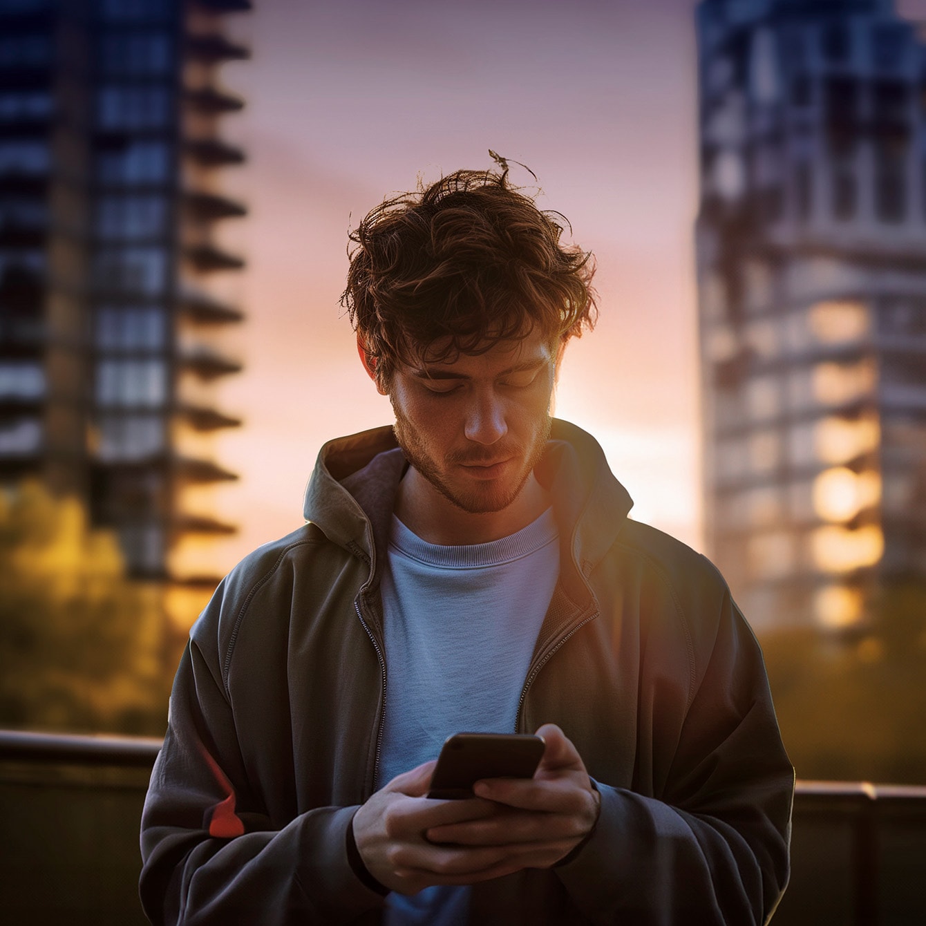Person checking financial services offers on mobile phone with buildings in the background