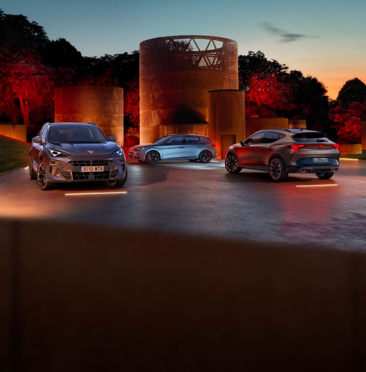 CUPRA range cars with sunset in background.