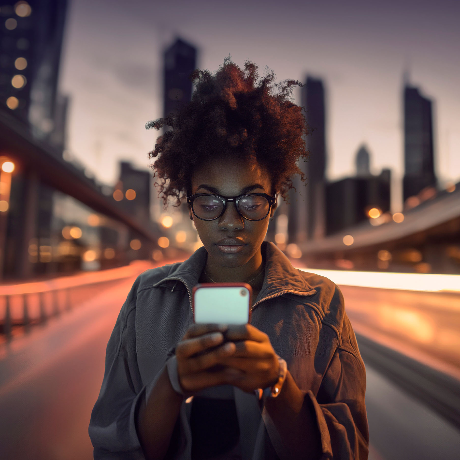 Woman on the phone during sunset accessing My CUPRA app for the CUPRA Leon Estate via her smartphone.